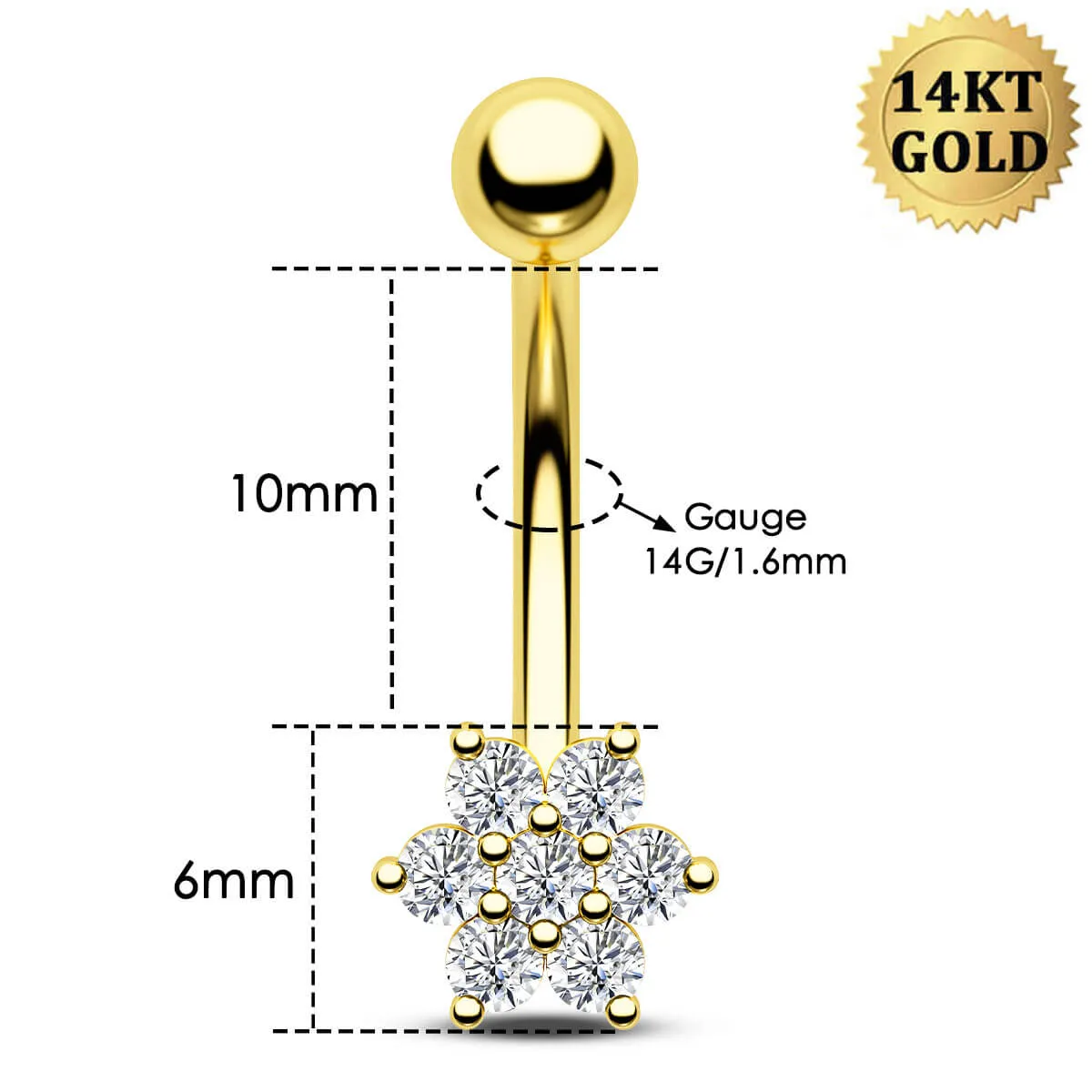14K Solid Gold Clear CZ Snowflake Belly Button Ring