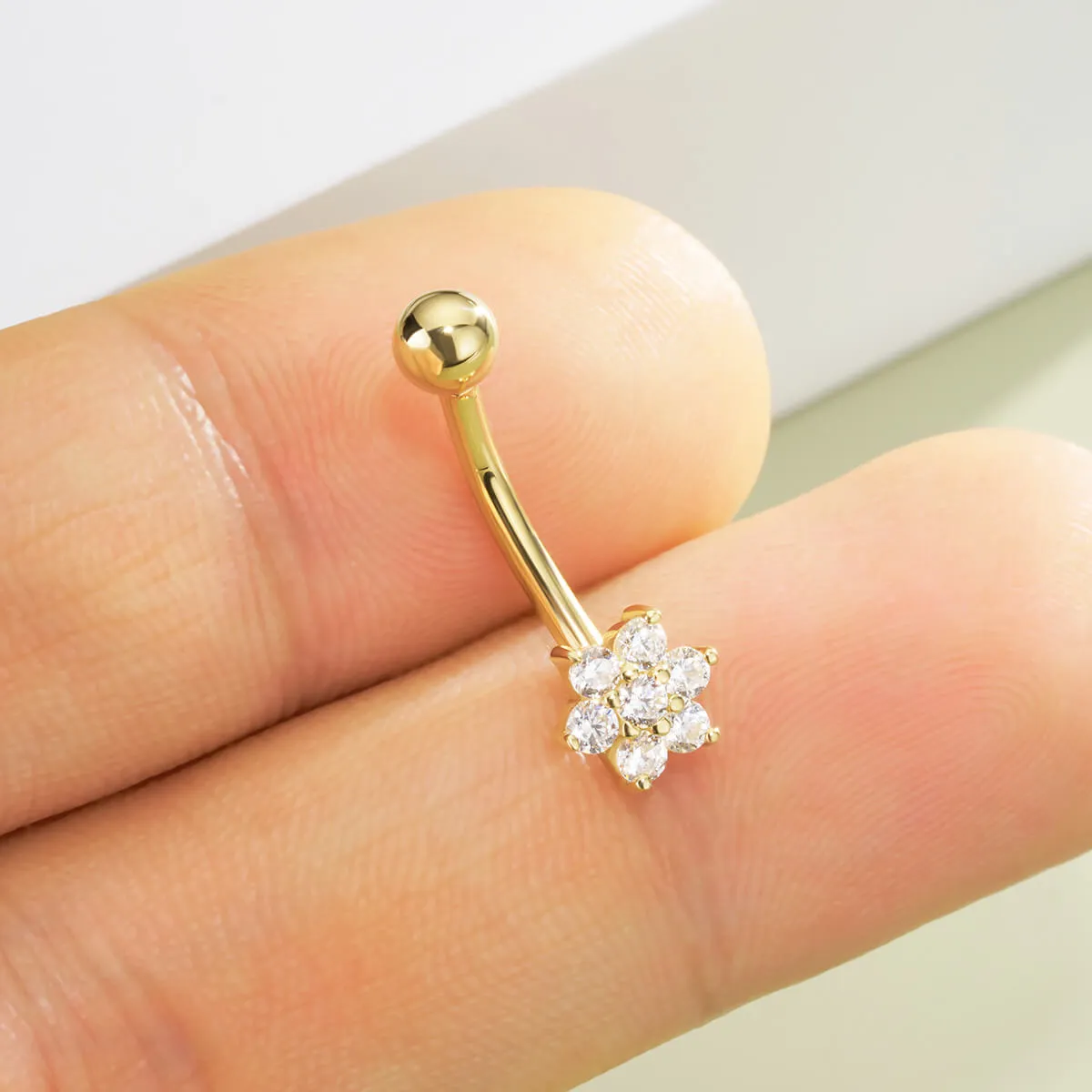 14K Solid Gold Clear CZ Snowflake Belly Button Ring