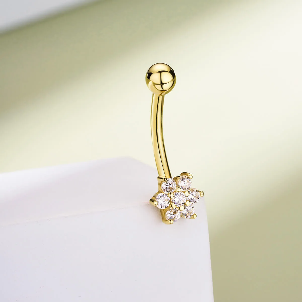 14K Solid Gold Clear CZ Snowflake Belly Button Ring