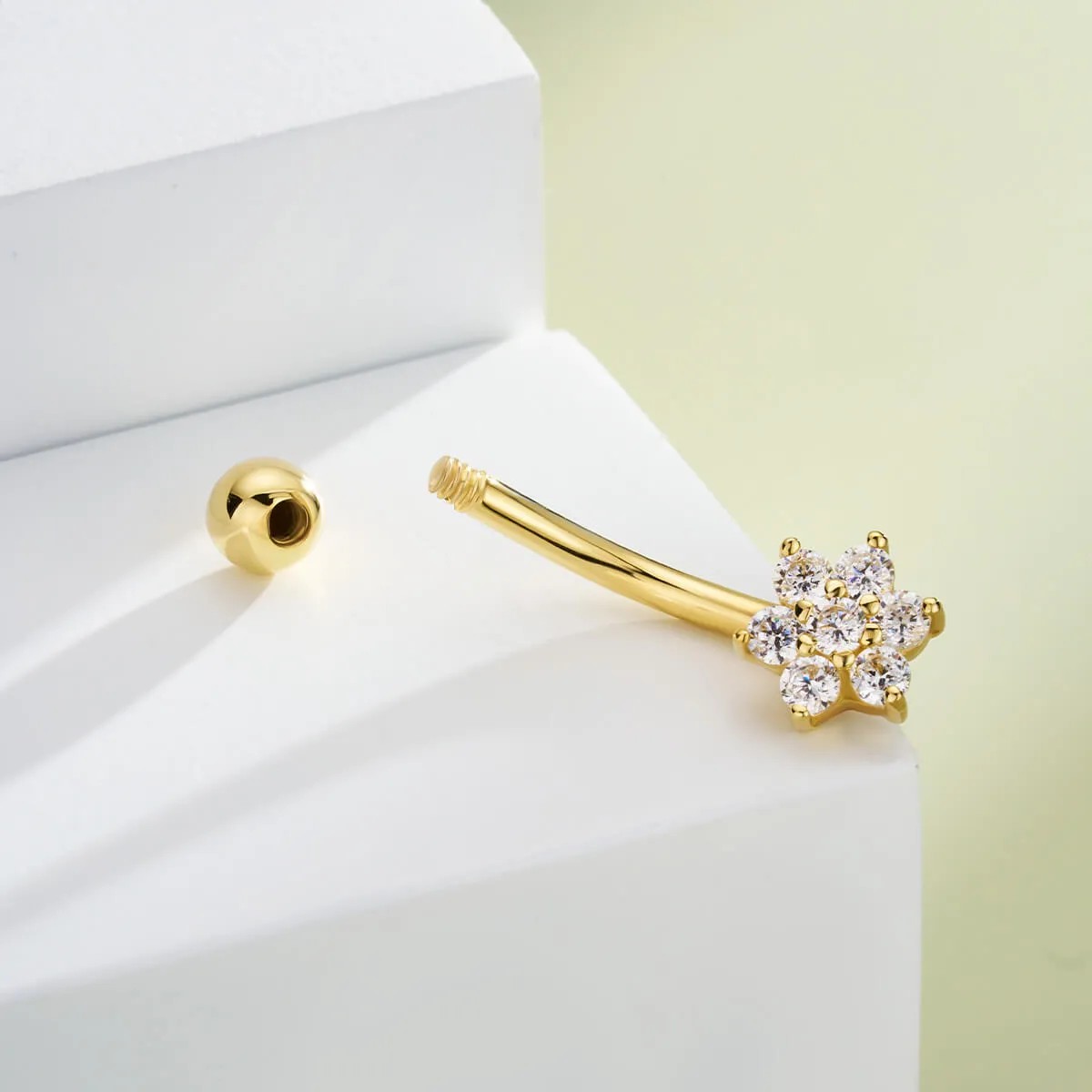 14K Solid Gold Clear CZ Snowflake Belly Button Ring