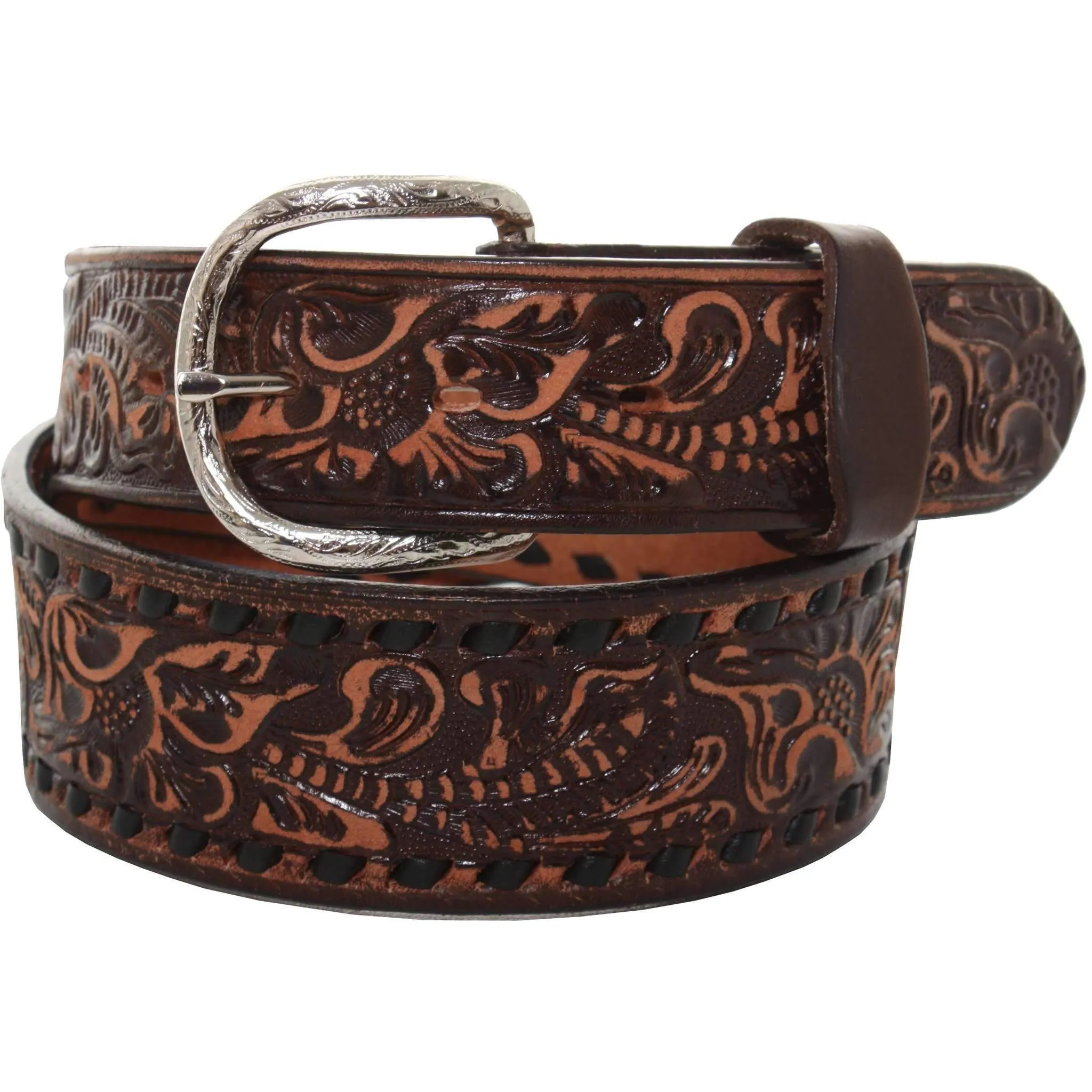 B086 - Brown Vintage Floral Tooled Buckstitch Belt