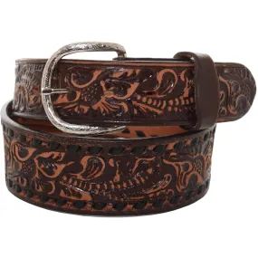 B086 - Brown Vintage Floral Tooled Buckstitch Belt