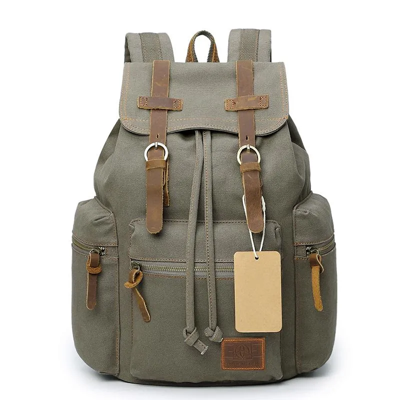 Canvas Leather Women Mens 14" Khaki Travel Backpack Green Computer Bag Black College Backpack for Men
