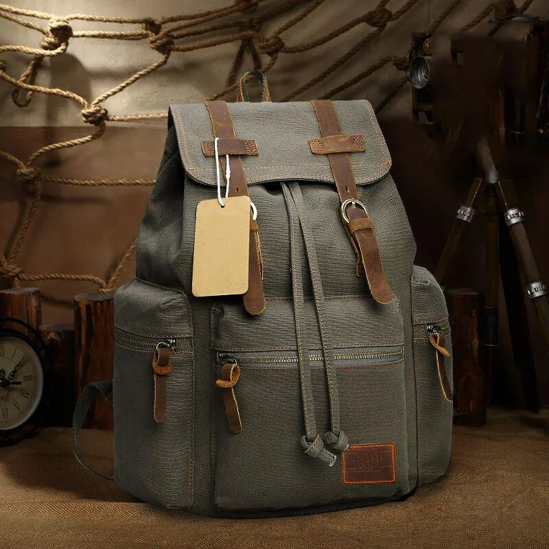 Canvas Leather Women Mens 14" Khaki Travel Backpack Green Computer Bag Black College Backpack for Men
