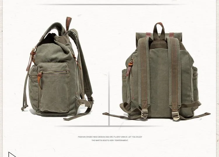 Canvas Leather Women Mens 14" Khaki Travel Backpack Green Computer Bag Black College Backpack for Men