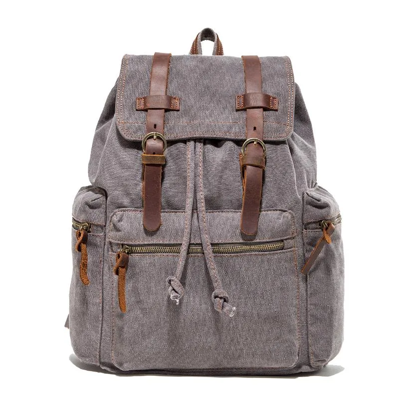 Canvas Leather Women Mens 14" Khaki Travel Backpack Green Computer Bag Black College Backpack for Men
