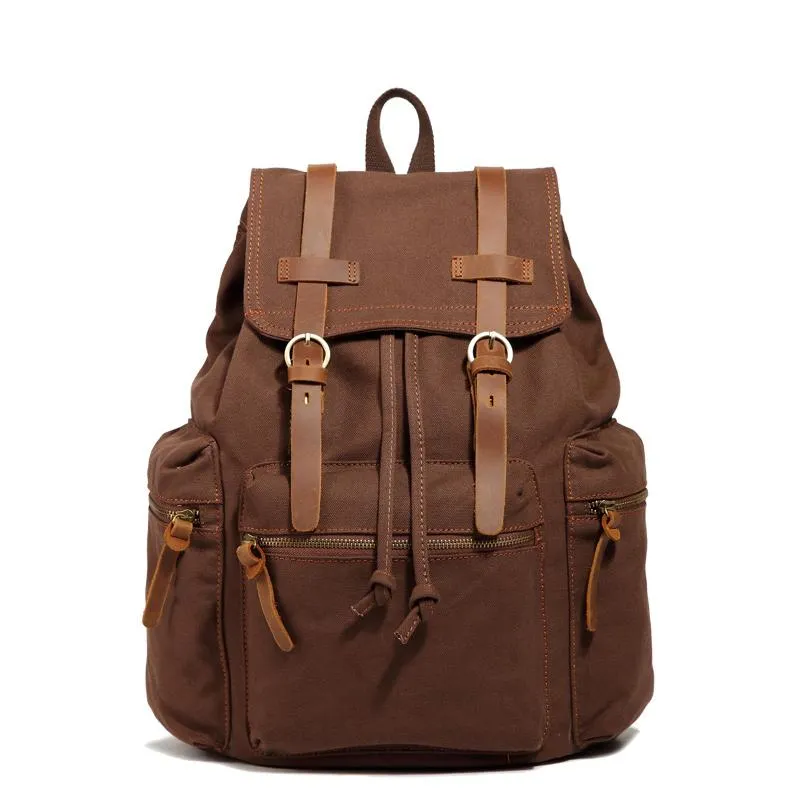 Canvas Leather Women Mens 14" Khaki Travel Backpack Green Computer Bag Black College Backpack for Men