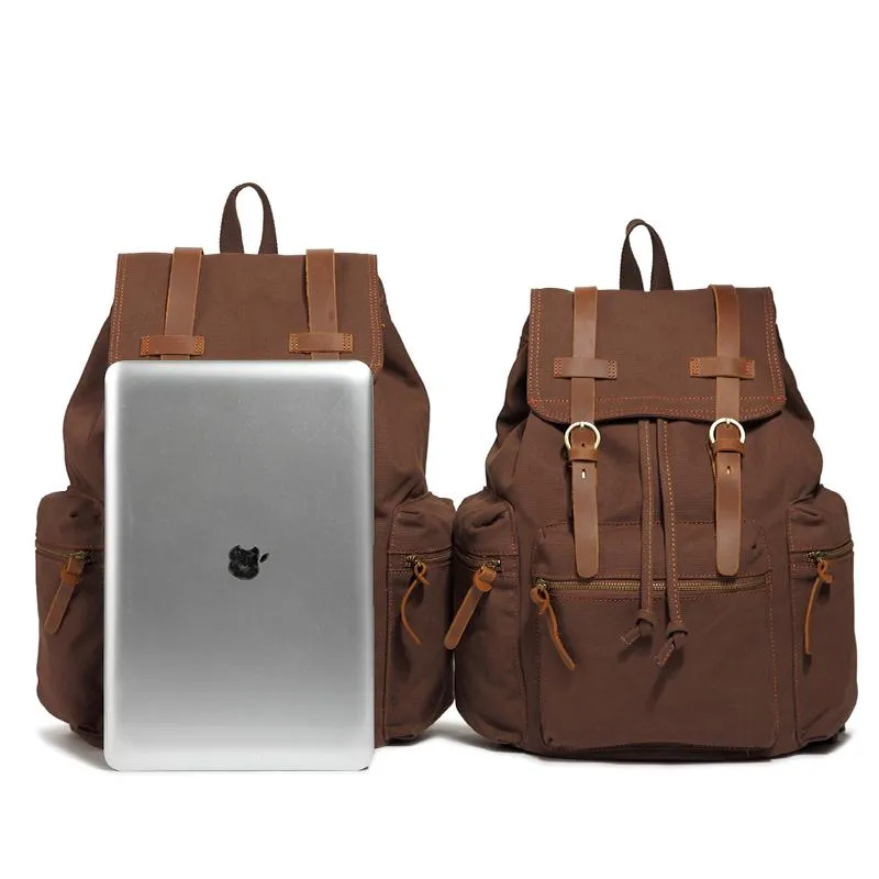 Canvas Leather Women Mens 14" Khaki Travel Backpack Green Computer Bag Black College Backpack for Men