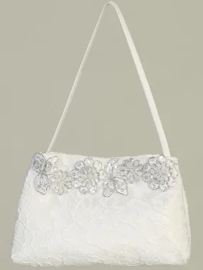 Girls White Lace Purse with Silver Flowers - LT-CP25