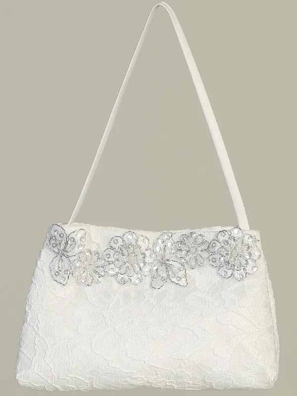 Girls White Lace Purse with Silver Flowers - LT-CP25