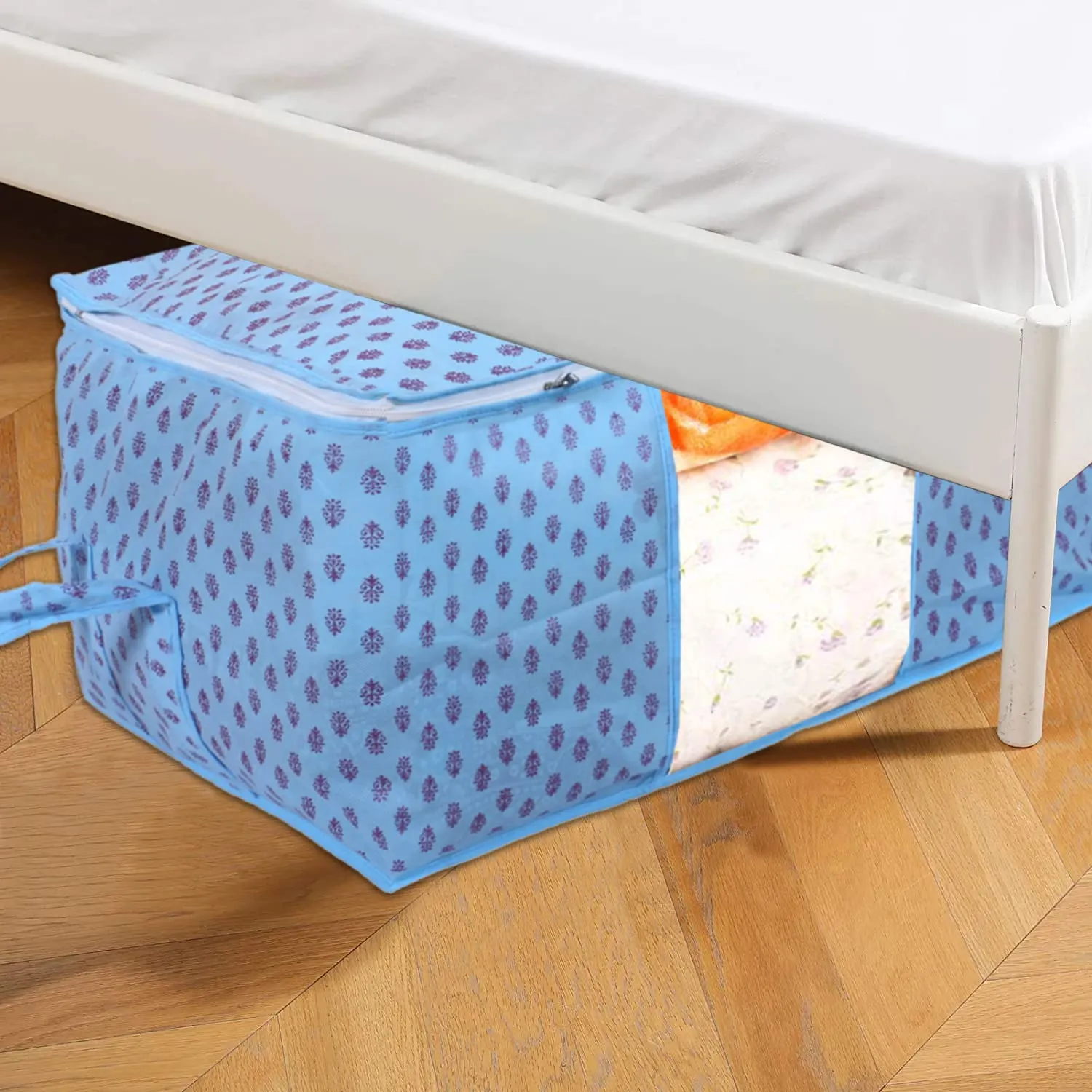 Heart Home Non-Woven Floral Print Underbed|Blanket Cover With Transparent Window, Zippered & Handle, Pack of 3 (Sky Blue)