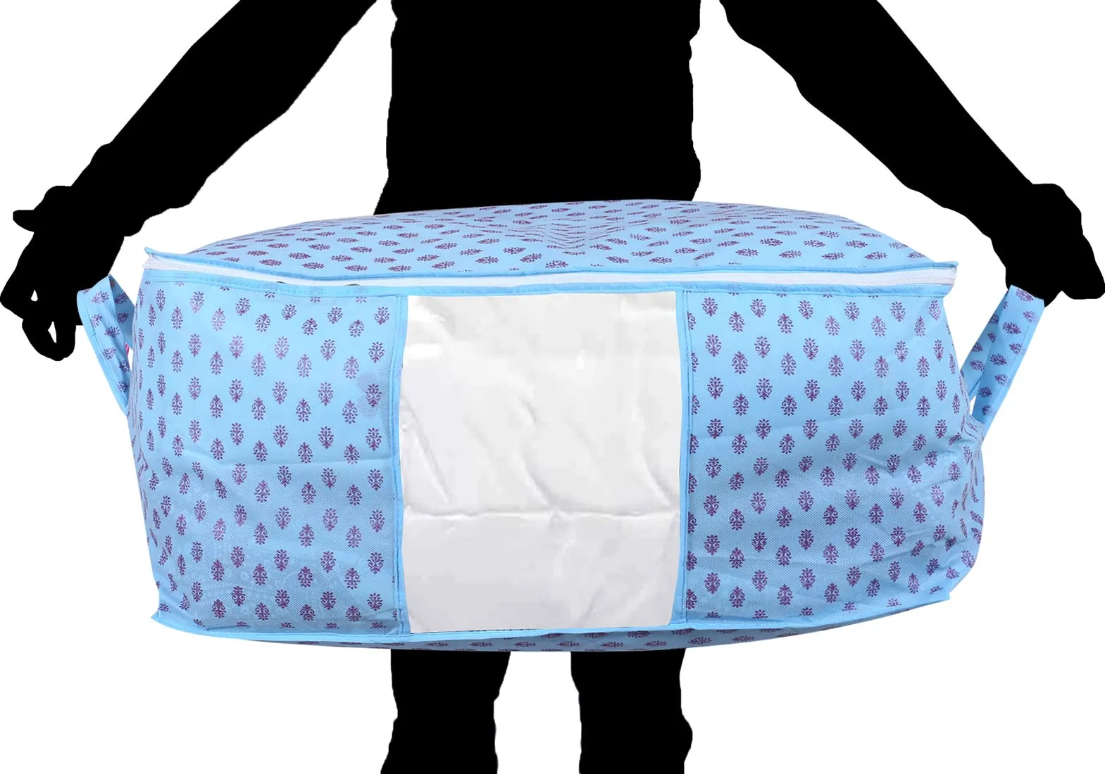 Heart Home Non-Woven Floral Print Underbed|Blanket Cover With Transparent Window, Zippered & Handle, Pack of 3 (Sky Blue)