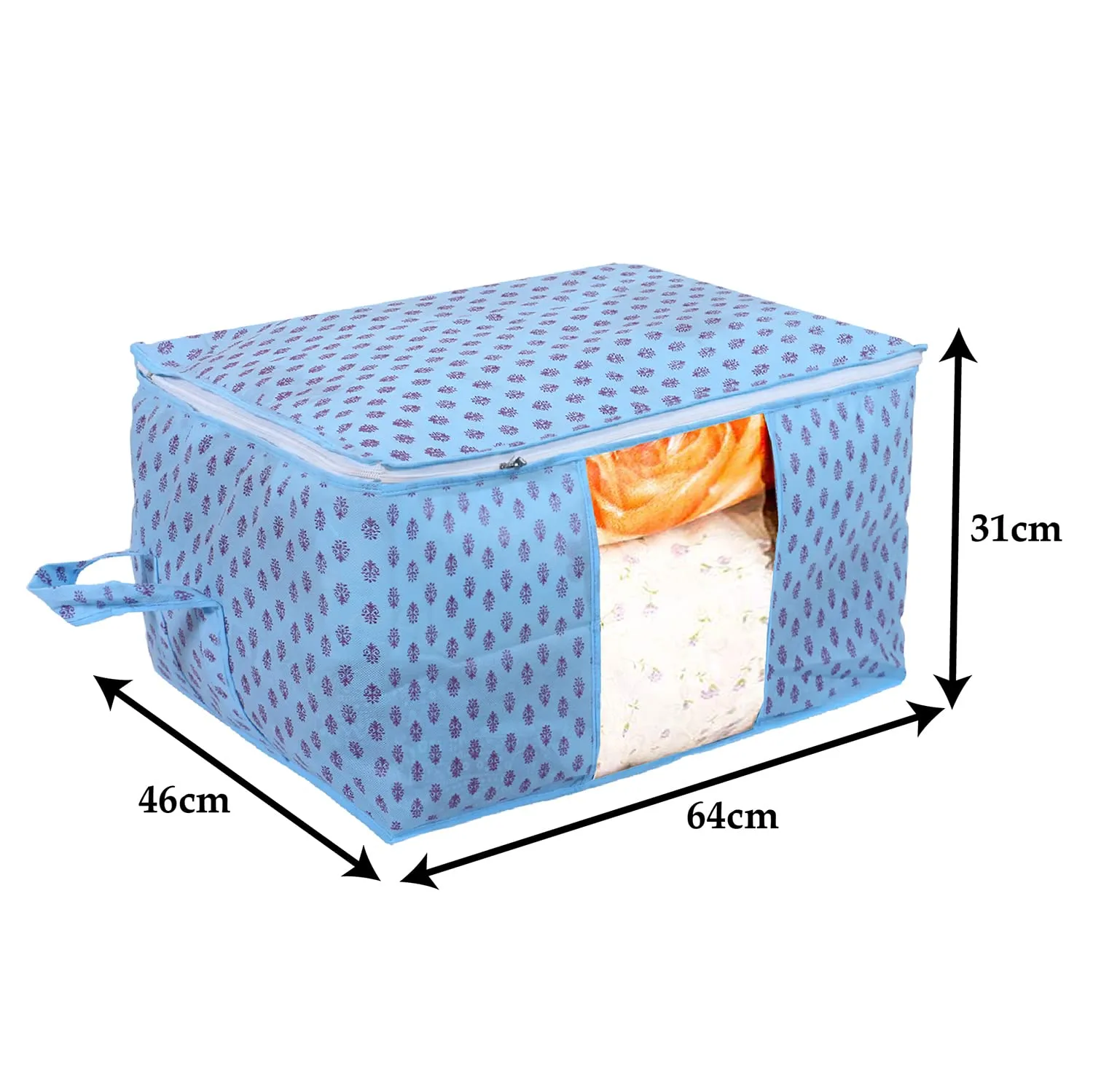 Heart Home Non-Woven Floral Print Underbed|Blanket Cover With Transparent Window, Zippered & Handle, Pack of 3 (Sky Blue)