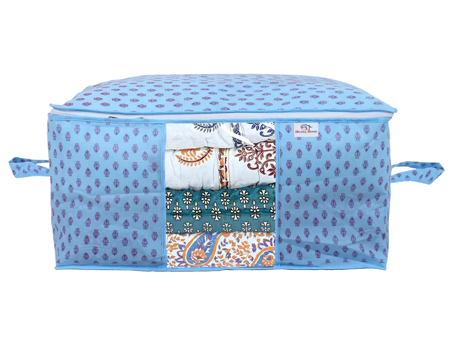 Heart Home Non-Woven Floral Print Underbed|Blanket Cover With Transparent Window, Zippered & Handle, Pack of 3 (Sky Blue)