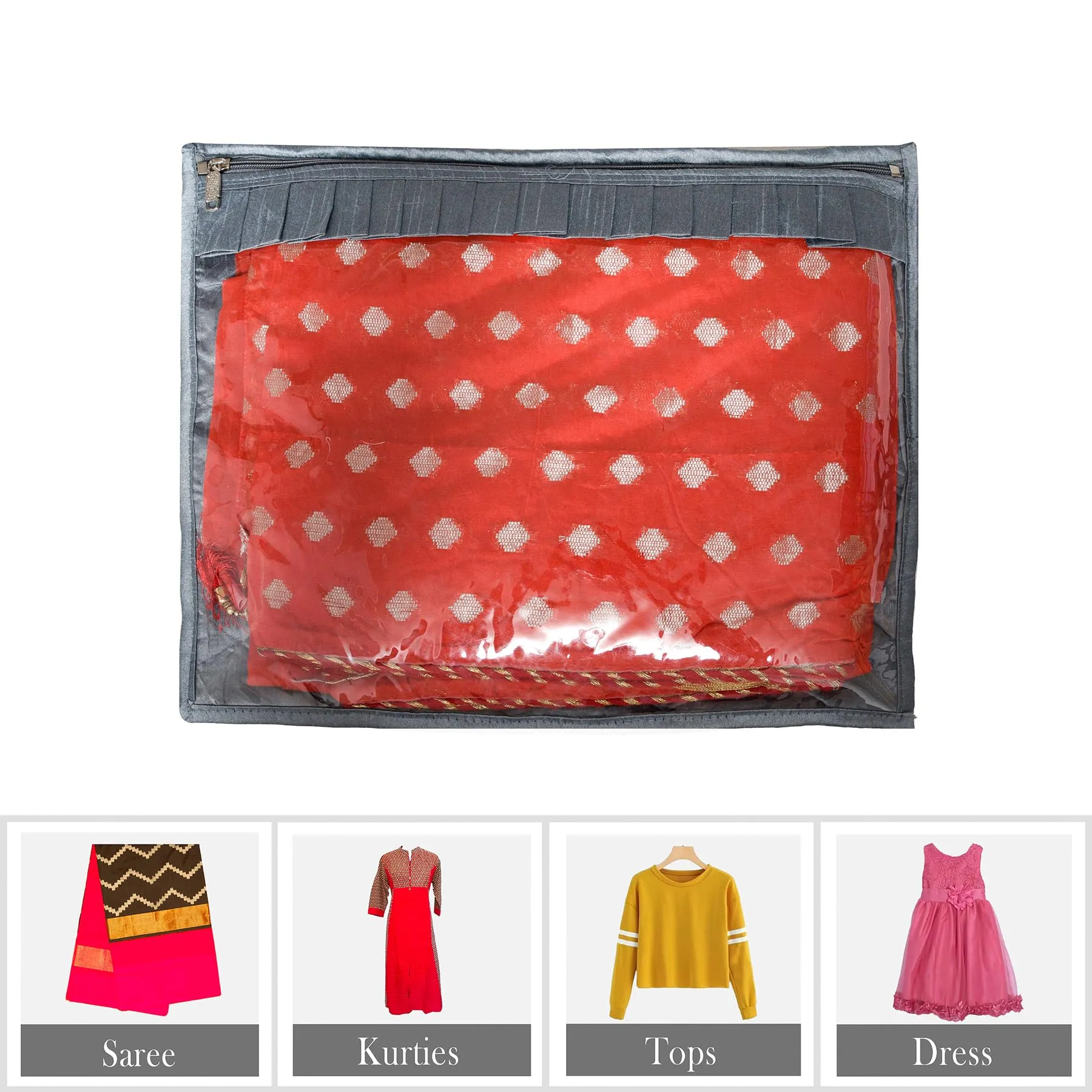 Kuber Industries Saree Cover | Clothes Storage Bag | Single Packing Saree with Zip Closure | Wardrobe Organizer | Cloth Stoarge Organizer | Frill-Design | Pack of 6 | Gray