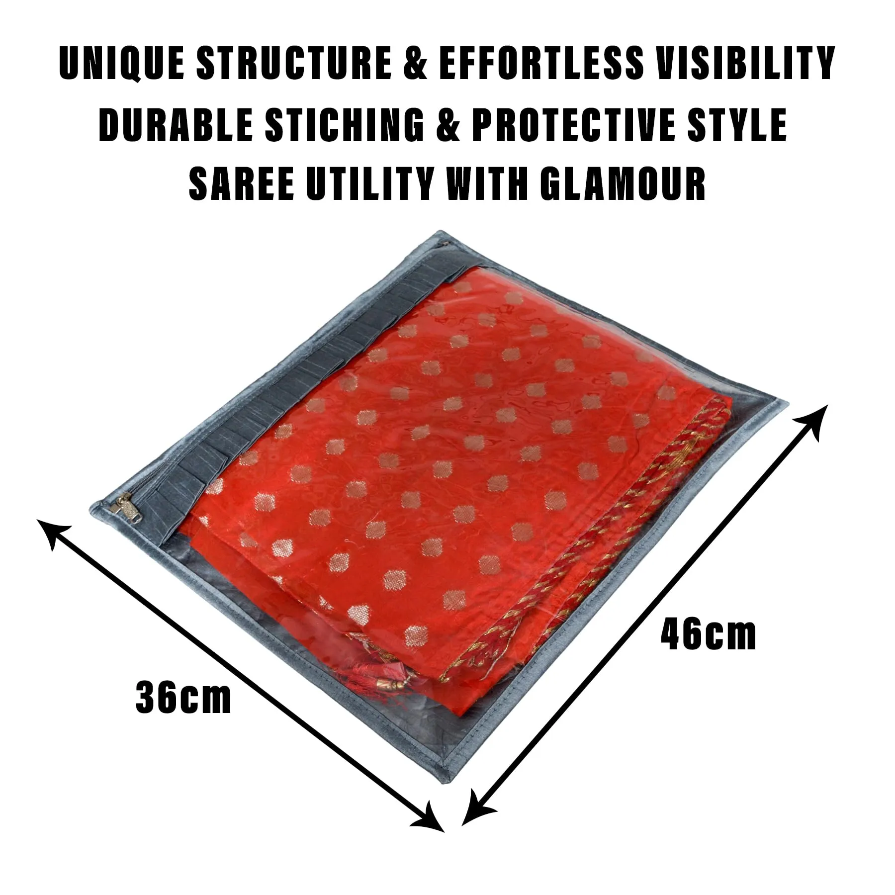 Kuber Industries Saree Cover | Clothes Storage Bag | Single Packing Saree with Zip Closure | Wardrobe Organizer | Cloth Stoarge Organizer | Frill-Design | Pack of 6 | Gray