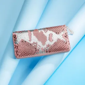 Luxury Ladies Leather Purse, Genuine Snakeskin, Pink/Silver
