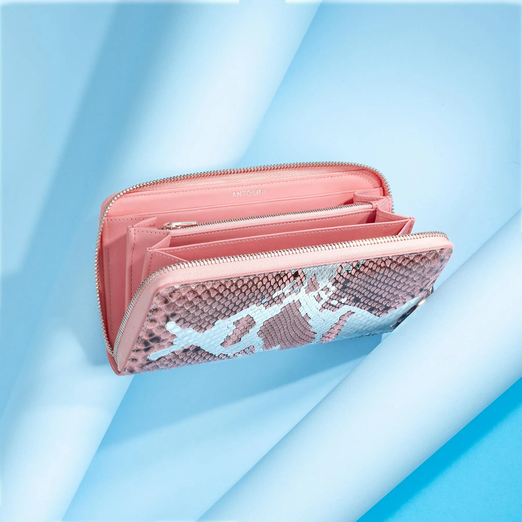 Luxury Ladies Leather Purse, Genuine Snakeskin, Pink/Silver