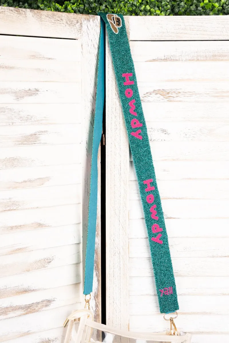 SALE! Turquoise and Pink 'Howdy' Hat Seed Bead Bag Strap