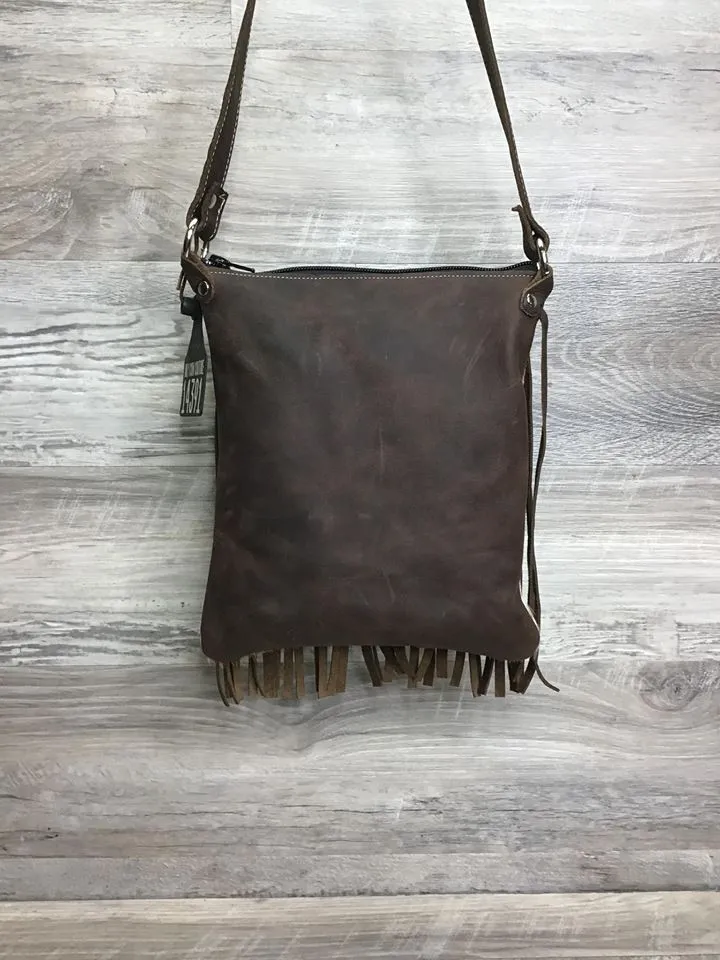 Sling Shot -front studded embossed leather draped with fringe # 14391 - sk