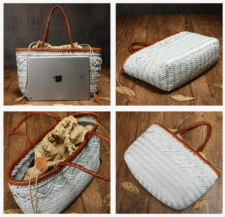 Womens White Leather Woven Handbags Woven Leather Tote Bag