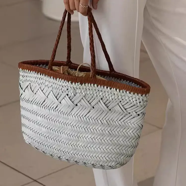 Womens White Leather Woven Handbags Woven Leather Tote Bag