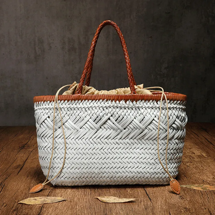 Womens White Leather Woven Handbags Woven Leather Tote Bag