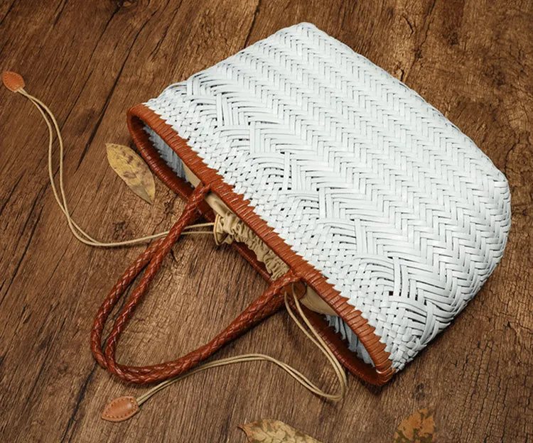 Womens White Leather Woven Handbags Woven Leather Tote Bag
